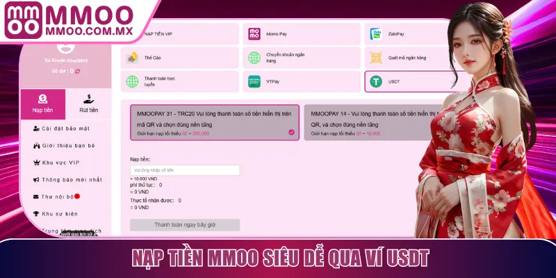 Nạp tiền MMOO siêu dễ qua ví USDT